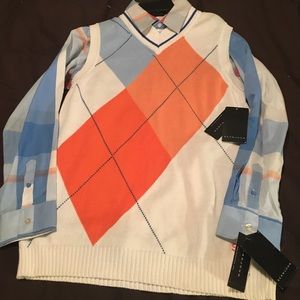 Boys Shirt and sweater vest. White blue orange.